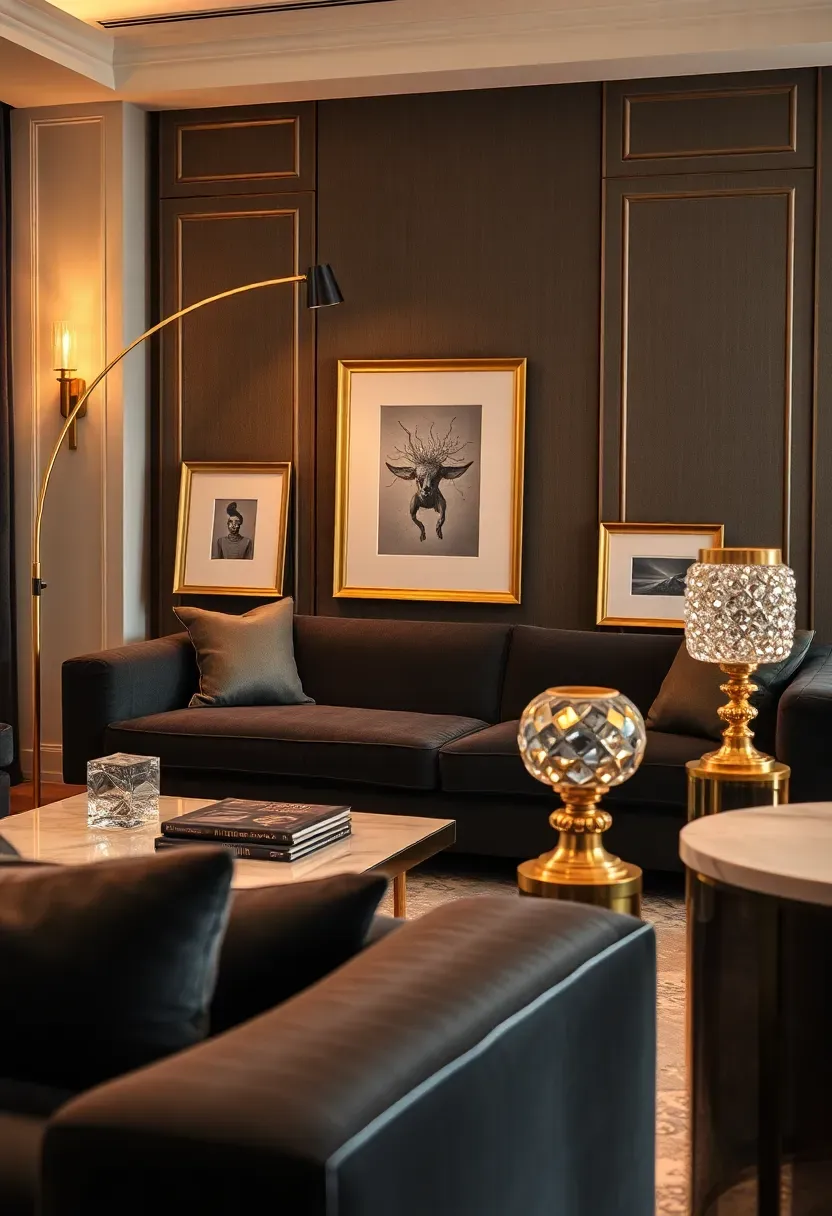 Hyper-realistic 3/4 view of luxurious living room with dark grey couch, brass arc floor lamp, gold-legged coffee table, brass picture frames, crystal table lamp with gold base, marble side table. Materials: charcoal fabric, polished brass, gold-plated metal, white carrera marble. Warm ambient light from brass lamp creating golden highlights, reflection on metallic surfaces. Luxe mood like upscale hotel lobby. Shallow depth of field, visible brass patina and crystal lamp details. No text, no logos, no watermarks.</p>