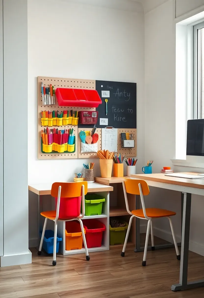 Family shared office with adult desk and two child-height desks side by side, pegboard with art supplies and chalkboard wall strip