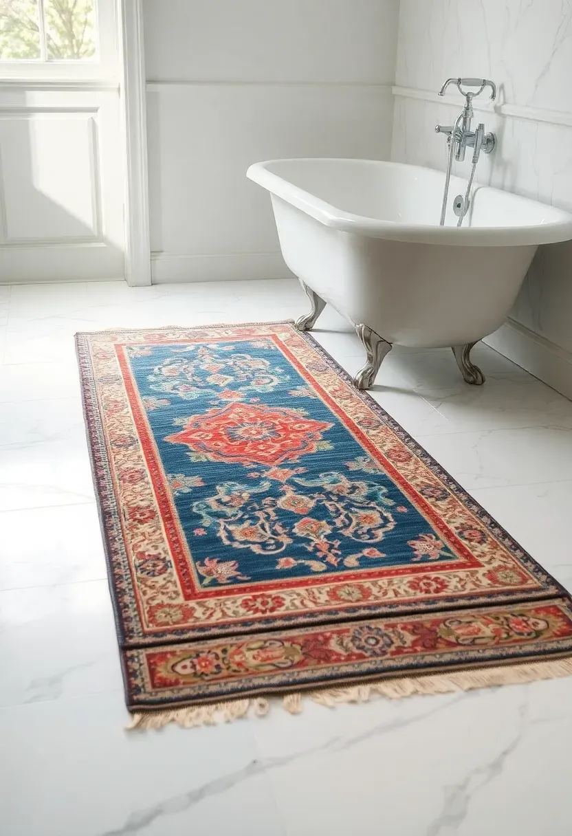 Vintage Turkish runner rug in faded indigo and rust tones on a white bathroom floor beside a clawfoot bathtub