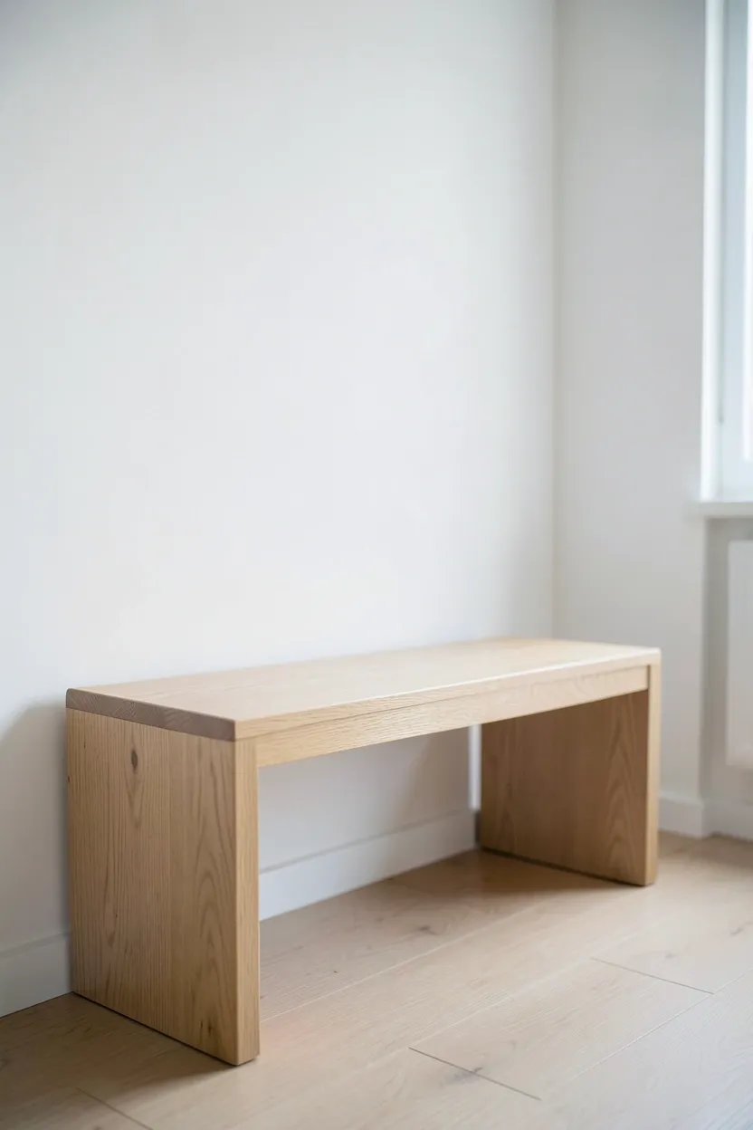Simple light wood bench with clean lines positioned along a white wall in a minimalist living room
