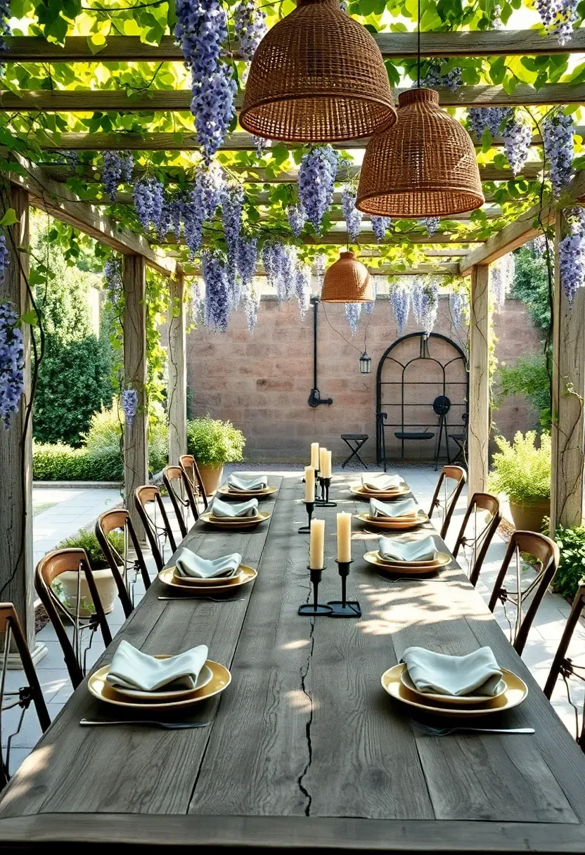 Long wooden dining table under a vine-covered pergola on a terrace, set for dinner with linen napkins, candles, and hanging pendant lights