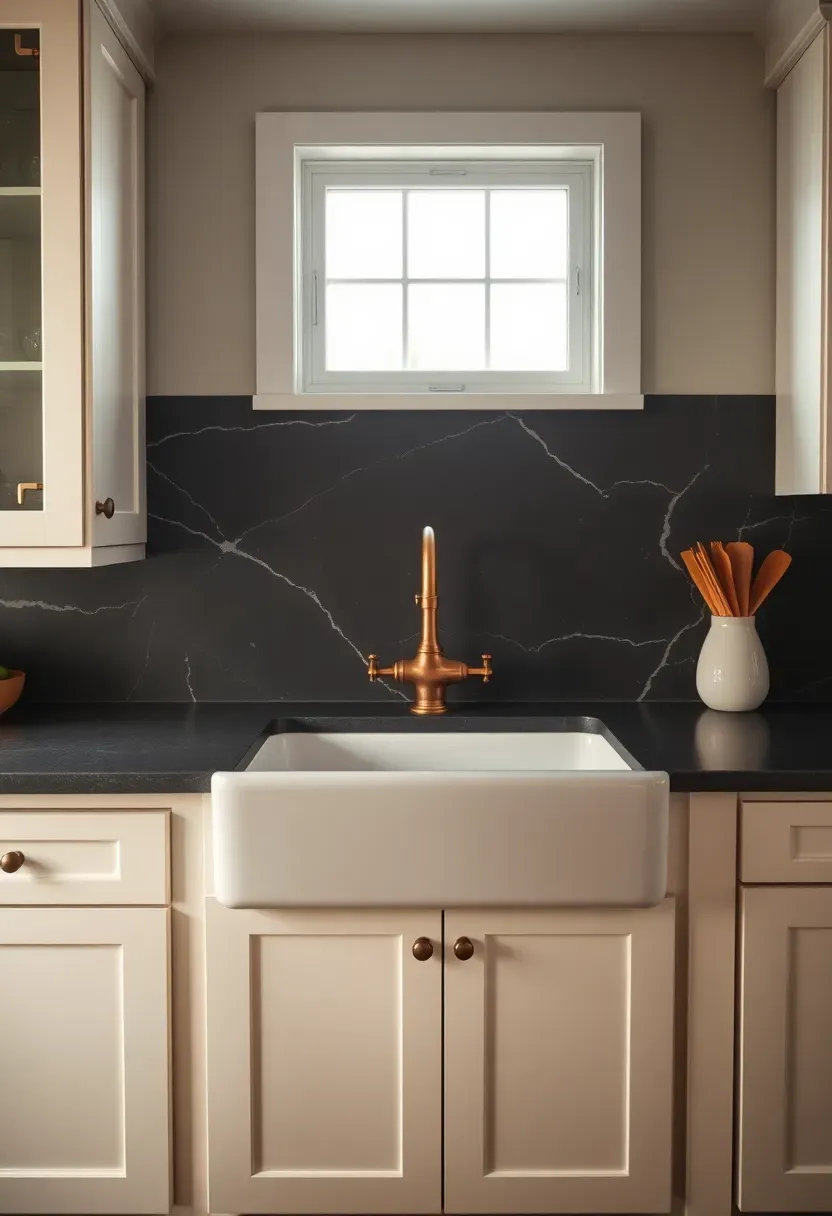 dark soapstone slab backsplash with white veining in a farmhouse kitchen with apron sink