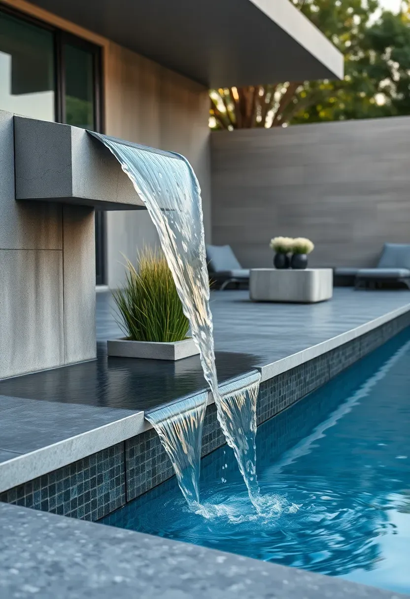 Contemporary swimming pool with elevated spa waterfall spillover, water sheeting over bluestone coping into the main pool below, with modern lounge furniture and ornamental grass
