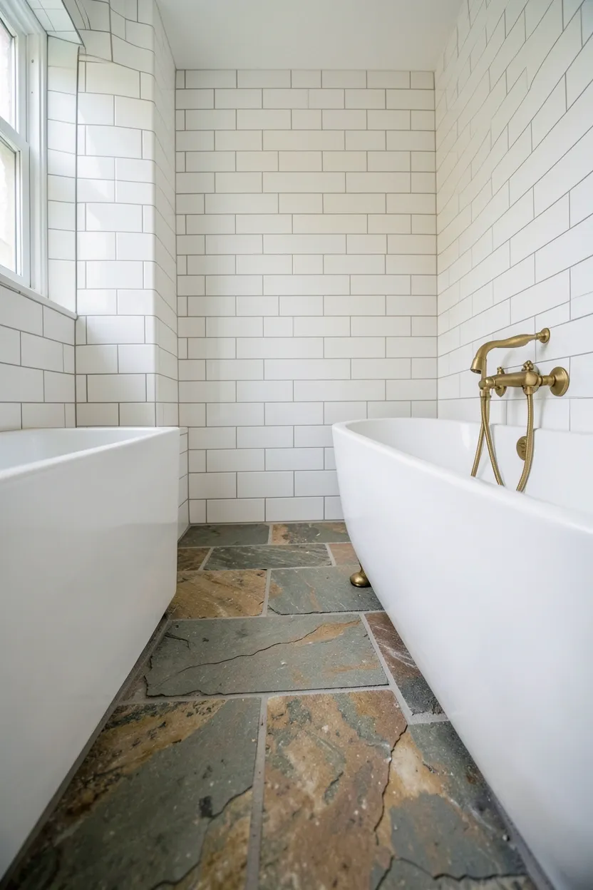 Hyper-realistic eye-level photograph of a rustic bathroom floor showing natural slate stone tiles with cleft texture and variations in gray and warm brown tones, white subway tile walls with white grout, white freestanding tub, brass fixtures. Natural light. Materials: natural slate stone tiles, white ceramic tiles, porcelain tub, brass fixtures. Rustic stone floor. Authentic cleft texture. No text, no logos, no watermarks.</p>