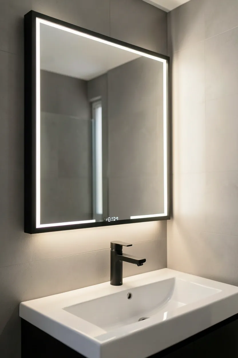 Frameless LED smart mirror with built-in lighting above a white vanity in a calm modern apartment bathroom