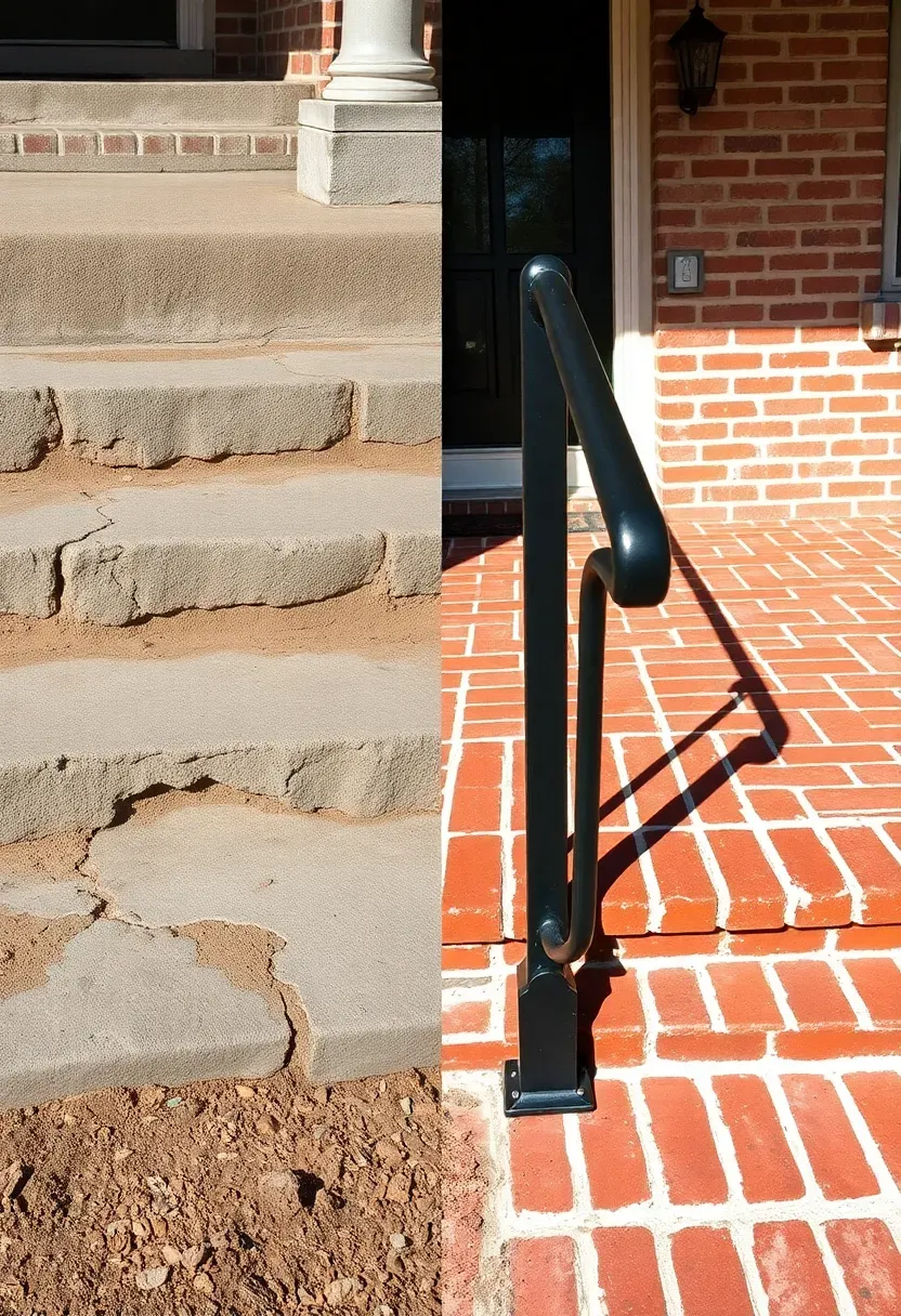Before and after showing crumbling concrete ranch porch steps replaced with a sturdy brick stoop and black iron handrail