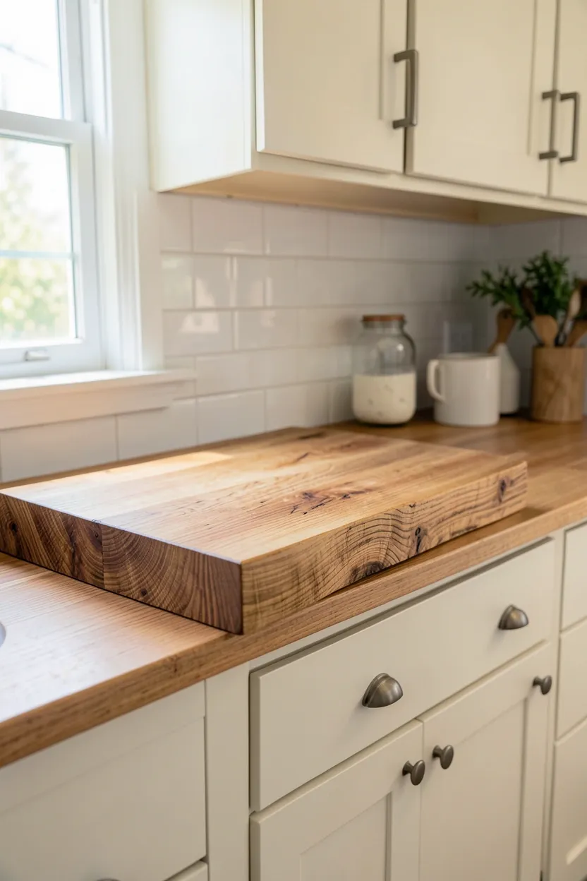 Thick end-grain maple butcher block prep station on wheels in a rustic farmhouse kitchen