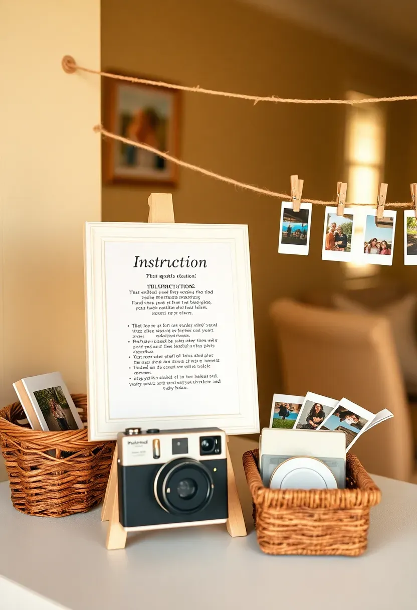 polaroid guest photo sign at a baby shower reading snap a pic and leave us a note beside an instant camera a basket of film and a string with mini clothespins