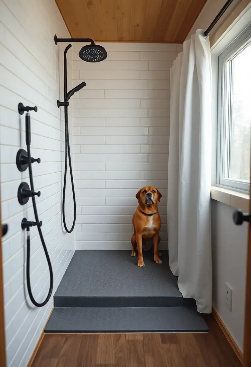 Hyper-realistic 3/4 view of tiny house bathroom with integrated dog bath zone, showing waist-height handheld showerhead with 8-foot hose, raised washing platform at 20 inches with non-slip surface, waterproof wall tile up to 48 inches, built-in niche for dog shampoo and towels, folding waterproof screen, tether hook. Materials: white subway tile walls, gray non-slip platform floor, matte black fixtures, white shower curtain on track. Bright daylight from window, soft shadows, visible tiny house context.</p>
