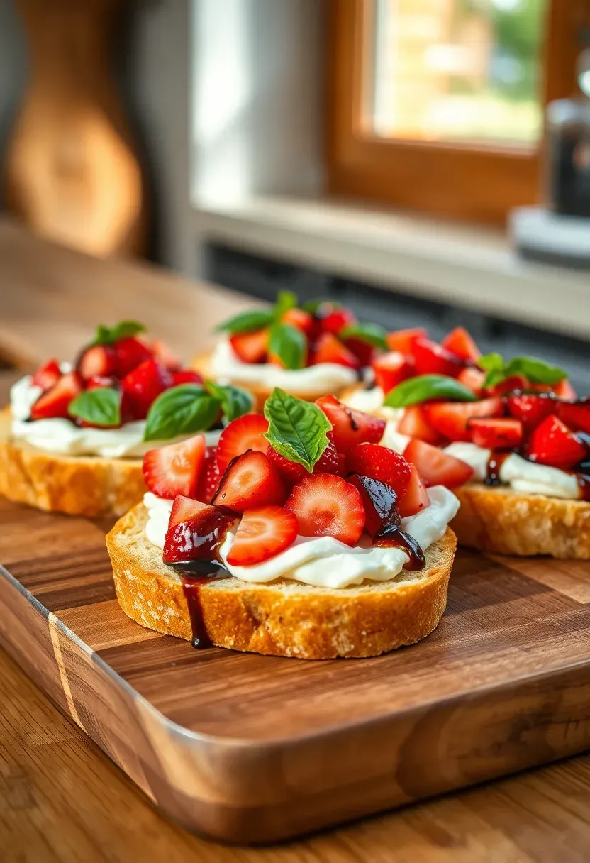 strawberry balsamic bruschetta with fresh basil and goat cheese on toasted baguette slices arranged on a wooden board
