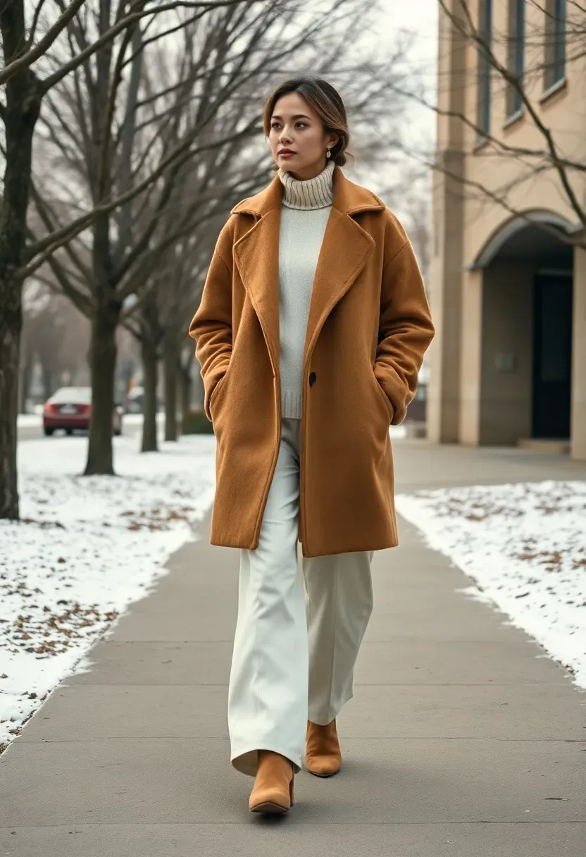 woman in an oversized camel coat with monochrome layers underneath at a winter event