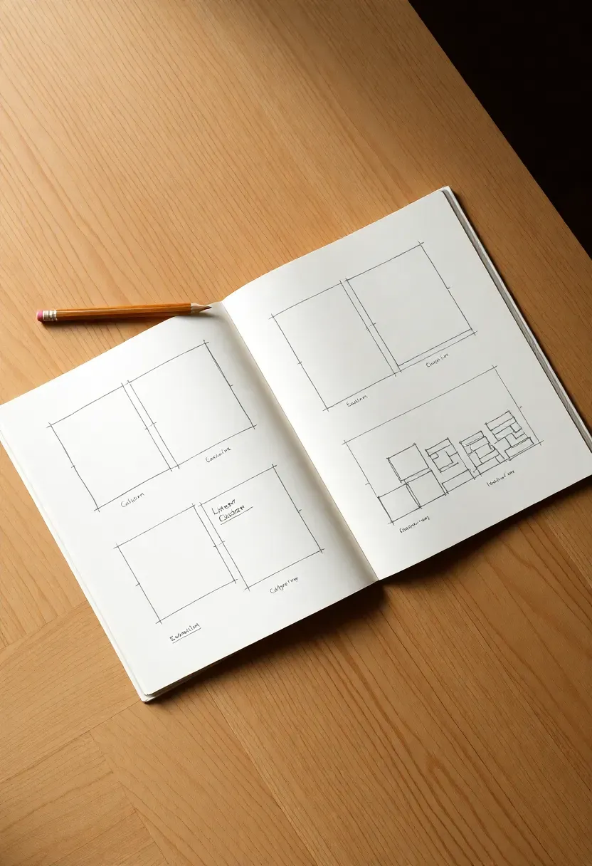 Four different gallery wall layout sketches on a notebook page — grid, salon style, linear row, and asymmetric cluster — pencil drawings with dimension notes beside each
