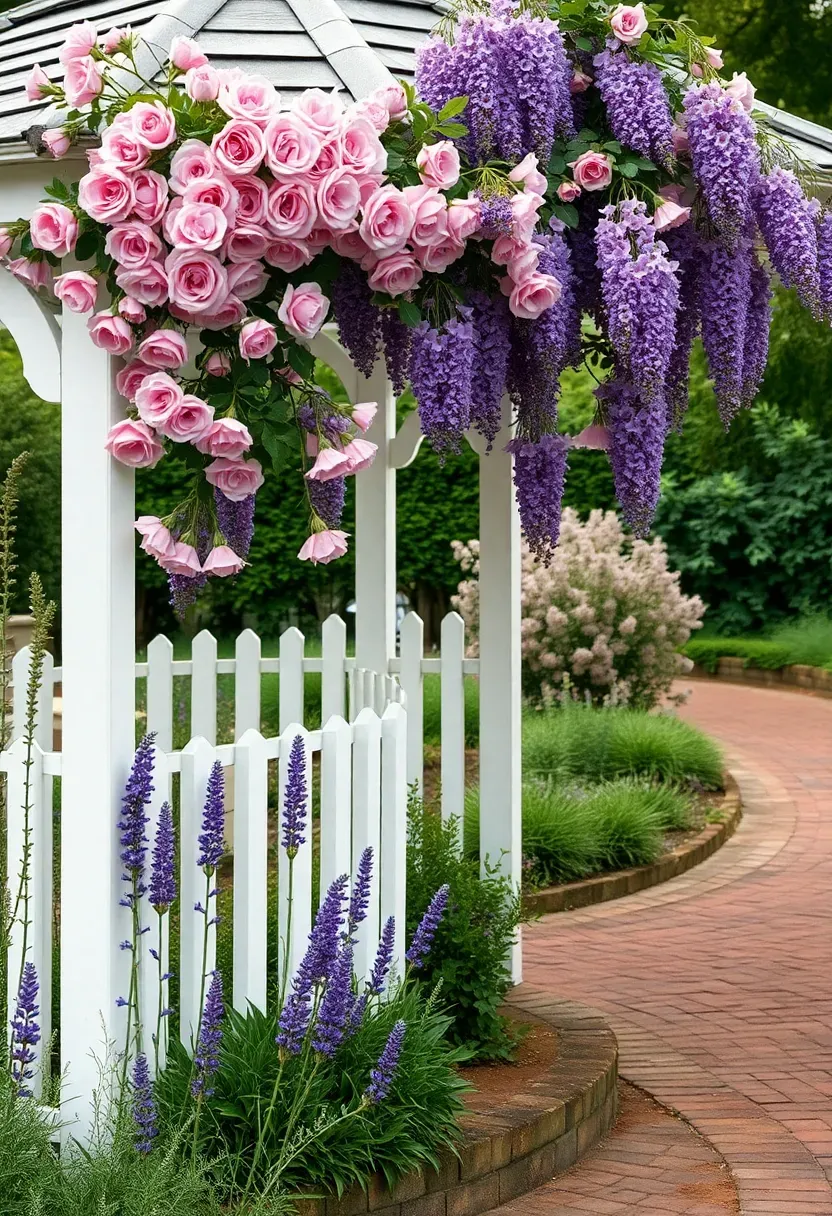 A white painted cottage garden gazebo covered in climbing pink roses and wisteria, with a picket railing, surrounded by lavender, foxglove, and a winding brick path