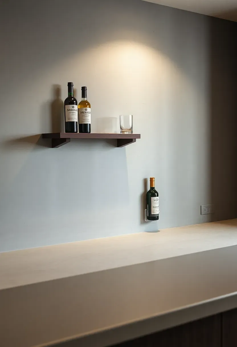 smooth concrete skim coat backsplash behind a minimalist home bar with simple bottle display