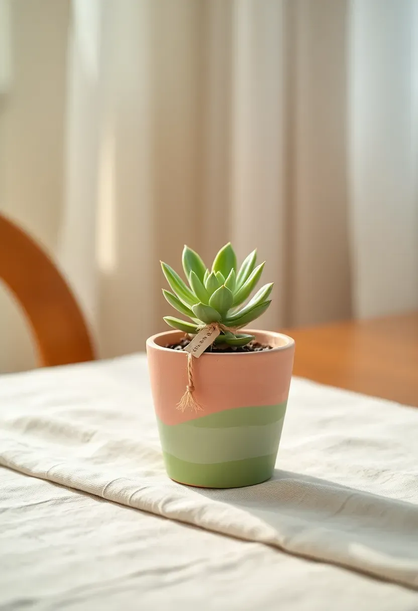 small succulent plant in a hand painted pastel pot with a tiny congratulations tag tied to the stem on a linen tablecloth