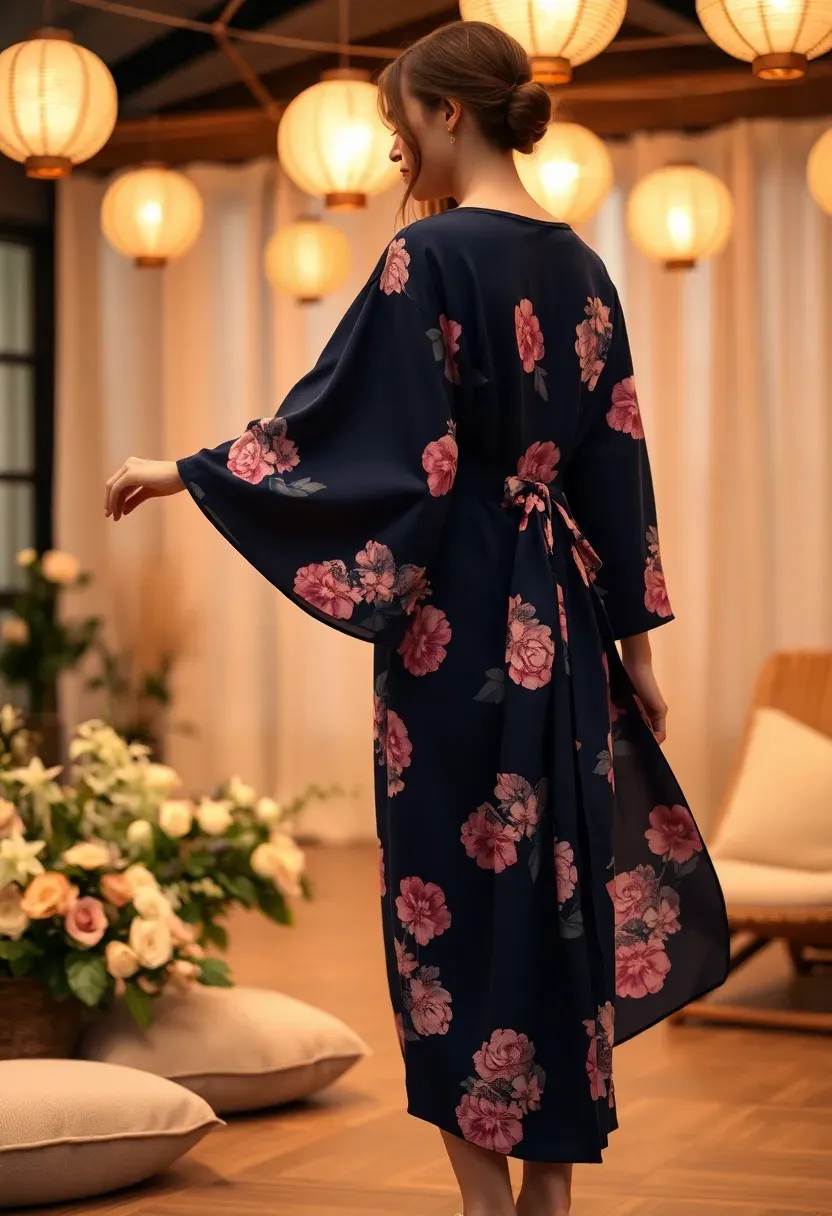 woman wearing a printed kimono-style wrap dress in soft floral patterns with wide sleeves at an intimate baby shower gathering
