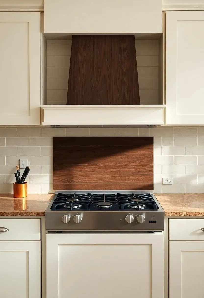 dark walnut wood-look tile accent strip behind range in kitchen with fantasy brown granite countertops and off-white cabinets