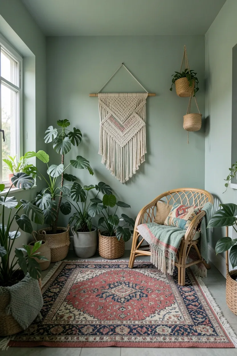 Boho sage green bathroom with macramé wall hanging, trailing pothos plants, rattan stool, and layered Persian rug