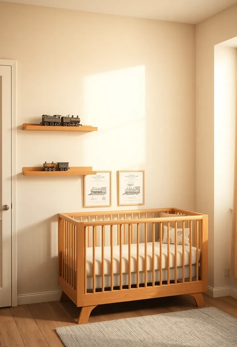 train themed boy nursery with vintage train prints track shelf rail and warm wood tones