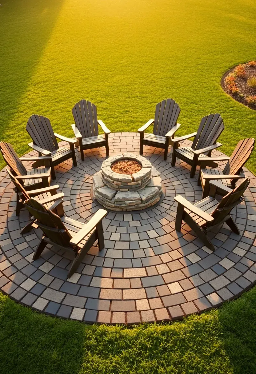 Round paver patio kit with concentric ring pattern and a fire pit at the center of a backyard