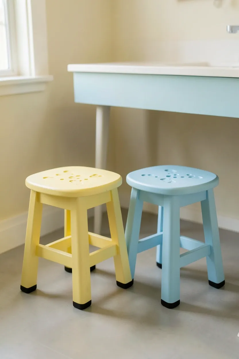 Colorful wooden step stool with non-slip rubber feet positioned in front of a bathroom sink for child access in a Toca Boca family home