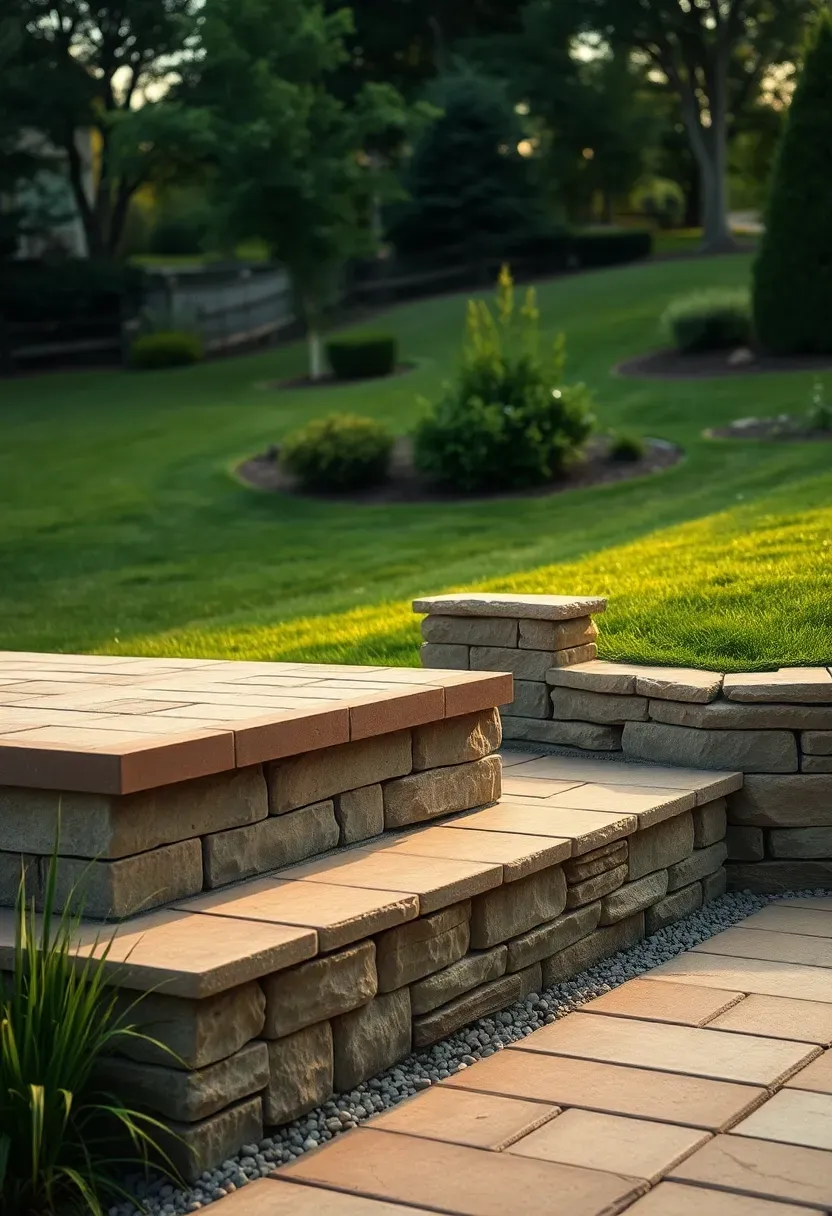 Raised paver patio platform with a short retaining wall in stacked stone on a sloped backyard with lush green surroundings