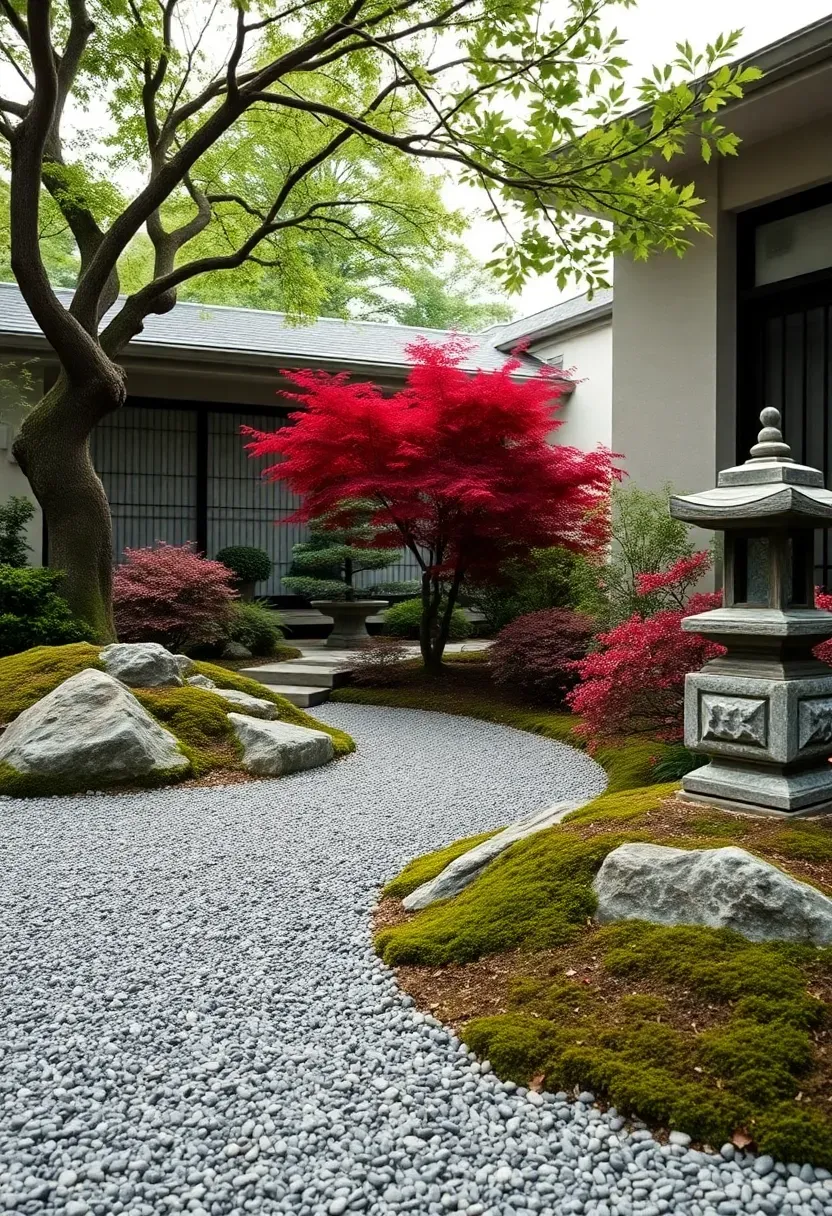 Hyper-realistic 3/4 view of a Japanese-inspired front yard garden with mossy rocks, raked gravel patterns, Japanese maple, clipped azaleas, and stone lantern. Materials: weathered granite rocks, fine gray gravel, crimson maple foliage, dark green moss. Soft diffused light through maple canopy, serene color palette of gray, green, crimson. Asymmetric but balanced composition with negative space. Visible modern home with shoji-style screen elements. No text, no logos, no watermarks.</p>