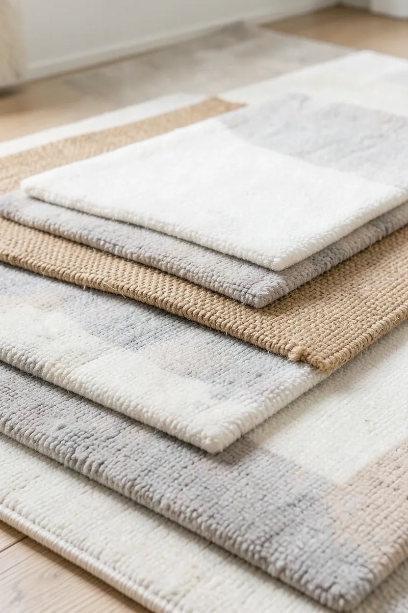 Large jute base rug layered with a smaller cream shag accent rug creating textural depth in a neutral Scandinavian living room