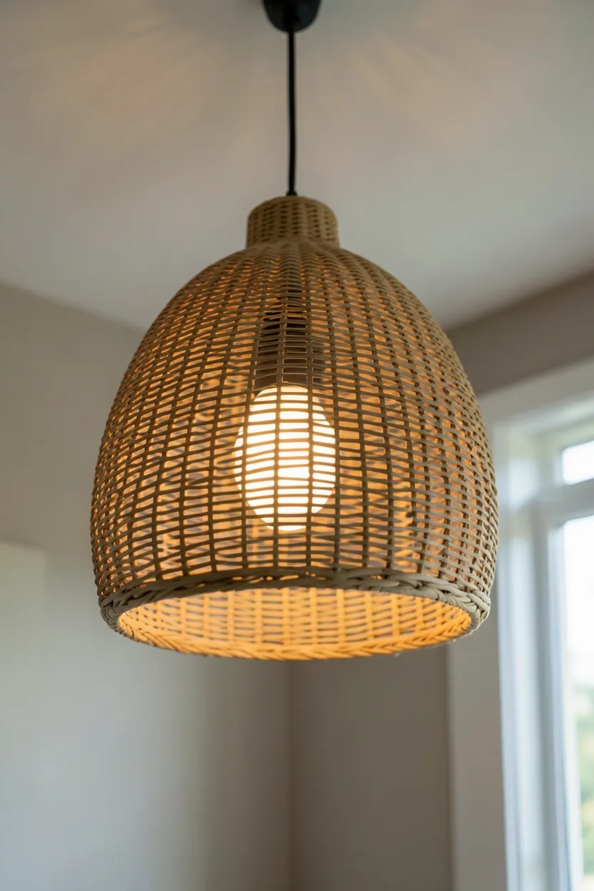 Woven rattan pendant light over bed casting warm glow in a minimalist tropical Japandi bedroom