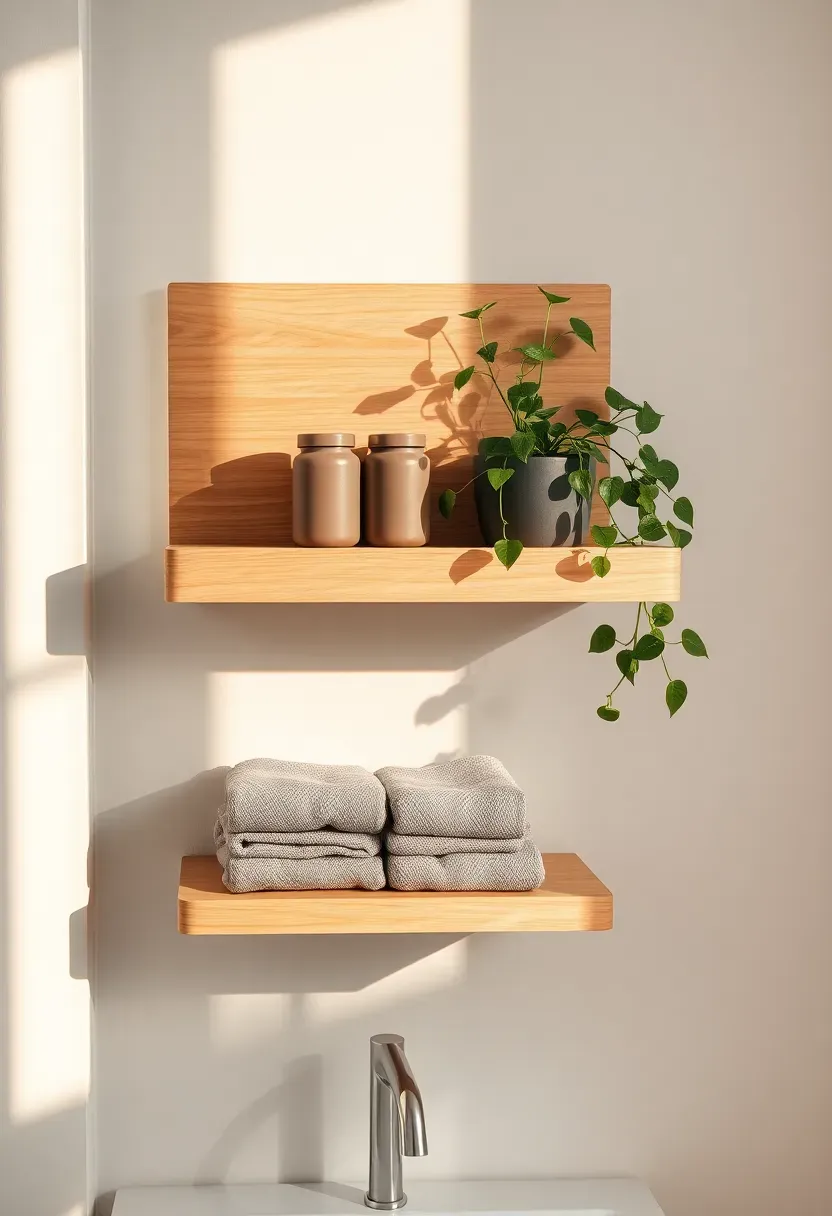 Floating wooden shelf mounted above a bathroom counter holding jars, a plant, and folded washcloths