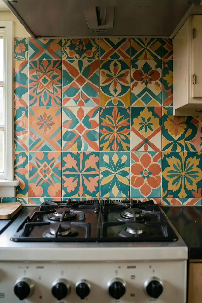 Vintage geometric patterned tile backsplash in turquoise and white — retro kitchen design for a stylish cooking space