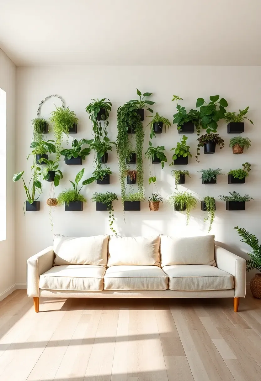 Hyper-realistic 3/4 view of minimalist living room with entire wall transformed into vertical garden—wall-mounted rectangular planters at varied heights, pothos and philodendron vines trailing downward, mounted tillandsia, small ferns. Living green tapestry. Minimal cream sofa and light wood floor in foreground. White ceiling. Materials: living plants, wall planters, wood floors, linen sofa. Natural light from side window, plants casting organic shadows. Vertical garden as feature wall art. Sharp details on plant varieties. No text, no logos, no watermarks.</p>