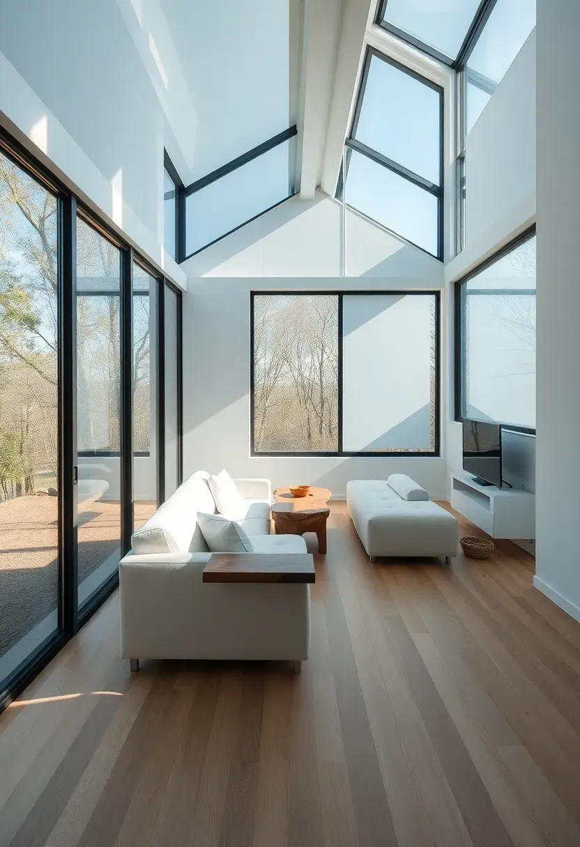 Hyper-realistic 3/4 view of tiny house with large uncovered windows, showing maximum glass area, seamless connection to outdoors, natural light flooding interior, white walls, light oak floor, minimal furniture, absence of window treatments, feeling of expansive openness. Materials: large glass windows with minimal black frames, white walls, light oak floor, white sofa, live edge table. Bright natural light, outdoor shadows through glass, openness emphasized.</p>