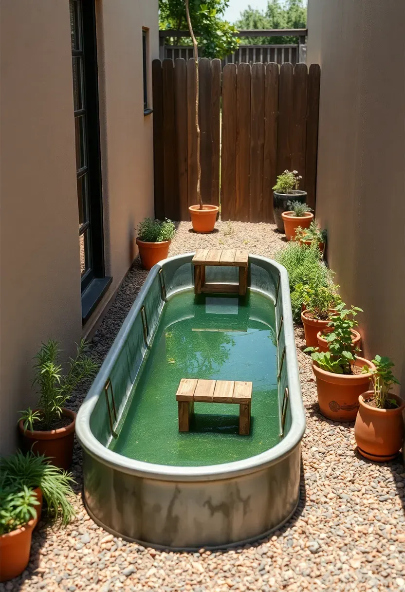 Long oval galvanized trough used as a soaking pool with a wooden step platform on one end and potted herbs along both sides