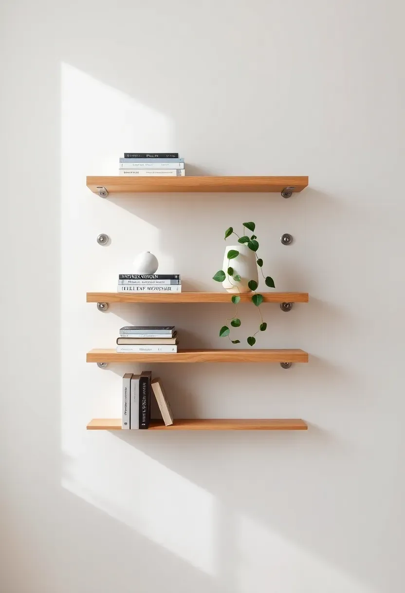 Hyper-realistic straight-on view of three floating light oak shelves against white wall, each shelf with carefully styled objects: stacked books, small white ceramic vase, trailing pothos plant. Minimal visible brackets, shelves appear weightless. Materials: natural oak wood with visible grain, matte white ceramic. Soft diffused daylight creating gentle shadows beneath shelves. Organized minimalist display mood. Shallow depth of field showing wood texture and shelf detail. No text, no logos, no watermarks.</p>