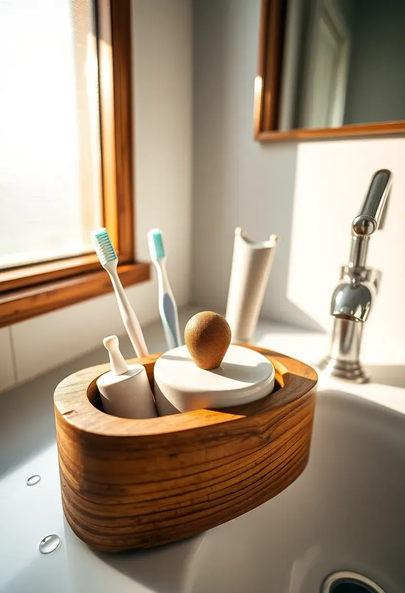 Rustic wooden caddy with a handle on a bathroom counter holding toothbrushes, paste, and soap