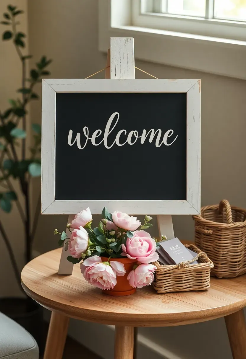 Botanical welcome sign for baby in bloom baby shower on weathered wood easel with peonies