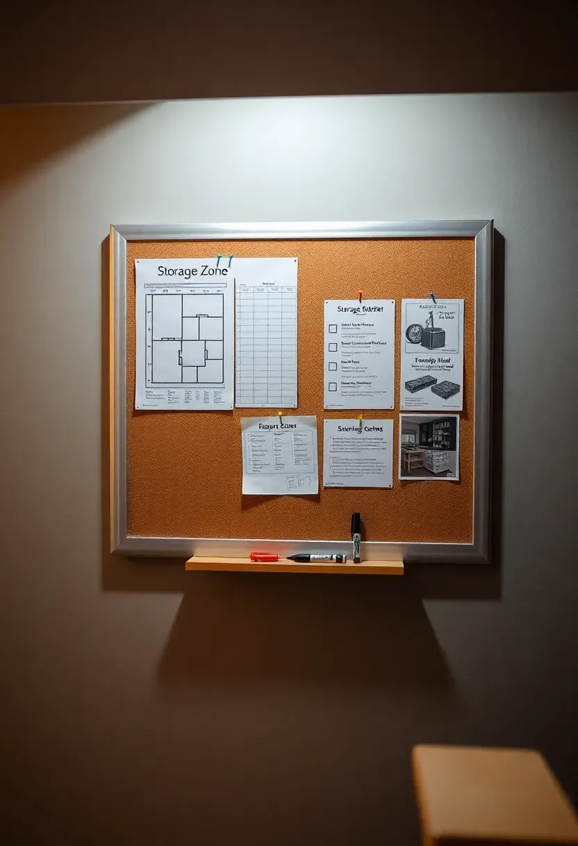 Cork bulletin board mounted on a basement wall near the stairs showing a household inventory list, maintenance schedule, and storage zone map
