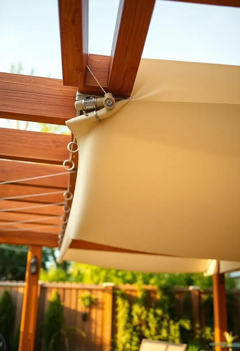 retractable canopy sliding along pergola beams in a backyard