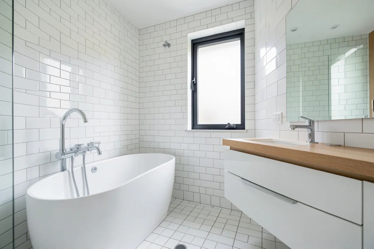 Collage of white bathroom ideas featuring minimalist subway tile, wood vanities, freestanding tubs, and spa-style designs for small and rental spaces