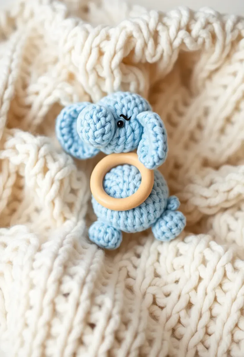 handmade crochet baby rattle in the shape of a small blue elephant with wooden ring