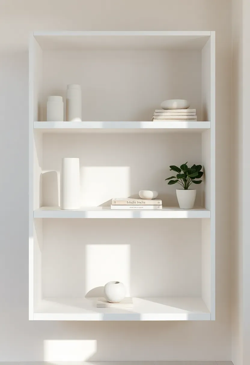 Hyper-realistic straight-on view of open white shelving unit with intentionally arranged minimalist collection. Materials: white floating shelves, neutral ceramic vases varying heights, stacked linen books, small sculptural objects, indoor plant in simple white pot. Natural light from side window casting soft shadows showing shelf depth. Each shelf has 3-5 carefully placed items with breathing room between objects. Color palette of whites, creams, warm grays. Sharp focus on object arrangement. Visible room context showing uncluttered wall. No text, no logos, no watermarks.</p>