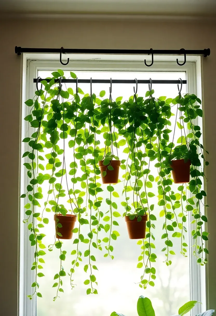 Small sunroom with a black iron rod mounted near the ceiling, trailing pothos and string-of-pearls plants cascading down in front of the glass windows, creating a living green curtain effect