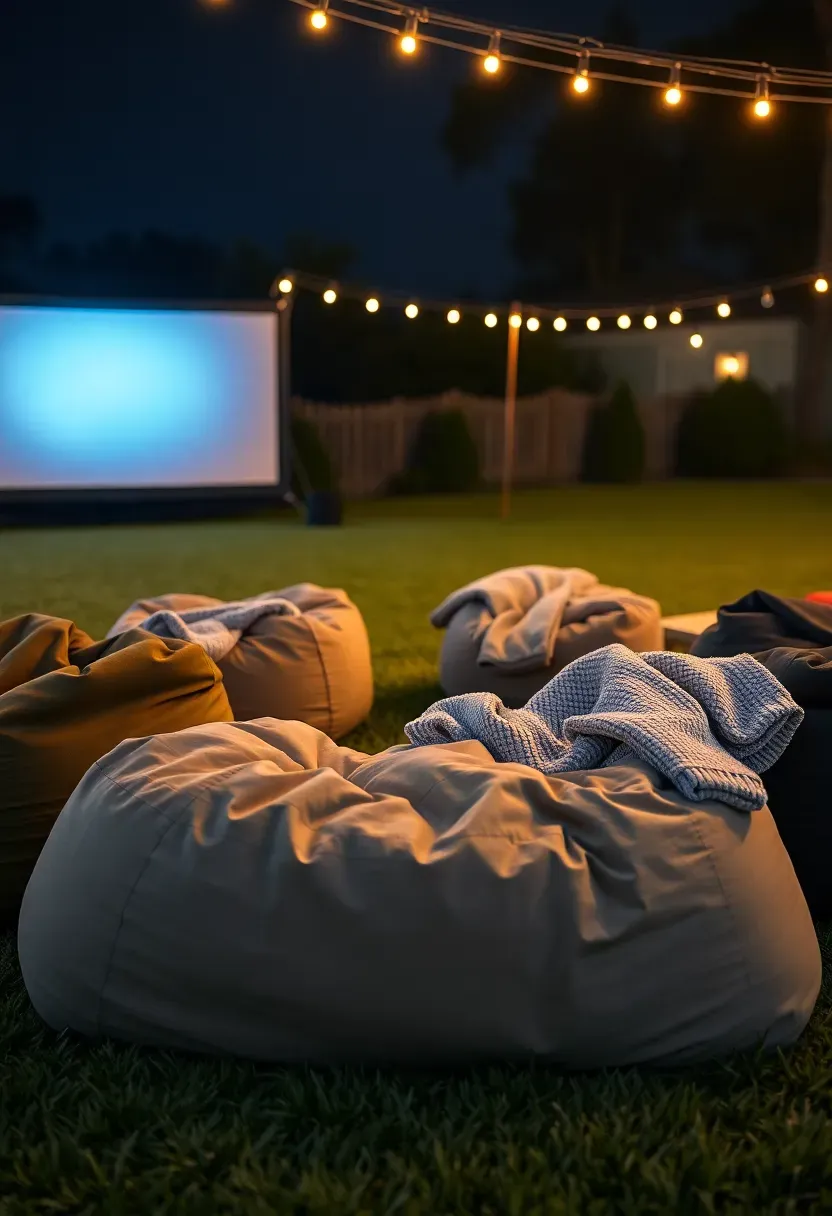 A cluster of large outdoor bean bags in neutral tones spread on a lawn in front of a backyard movie screen at night