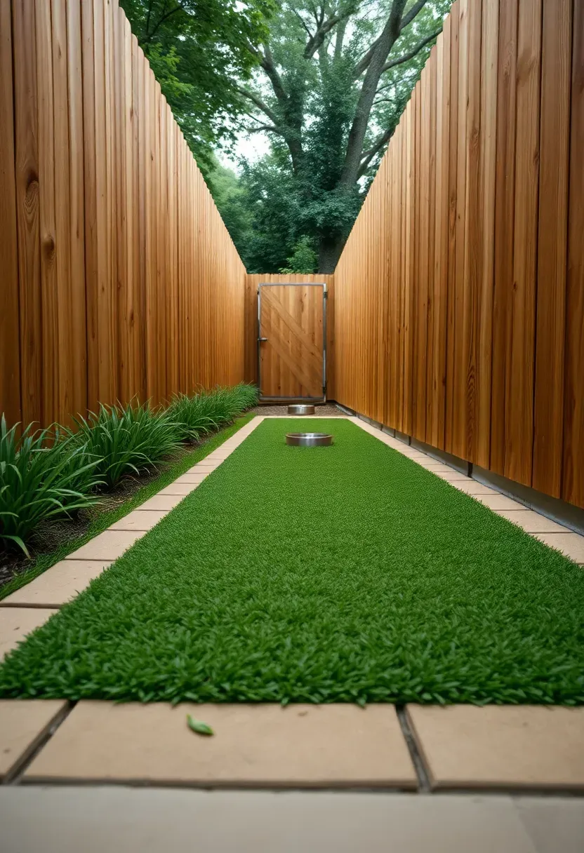 A narrow backyard dog run with bright green artificial turf enclosed by a low paver edge border and a wooden fence on both sides
