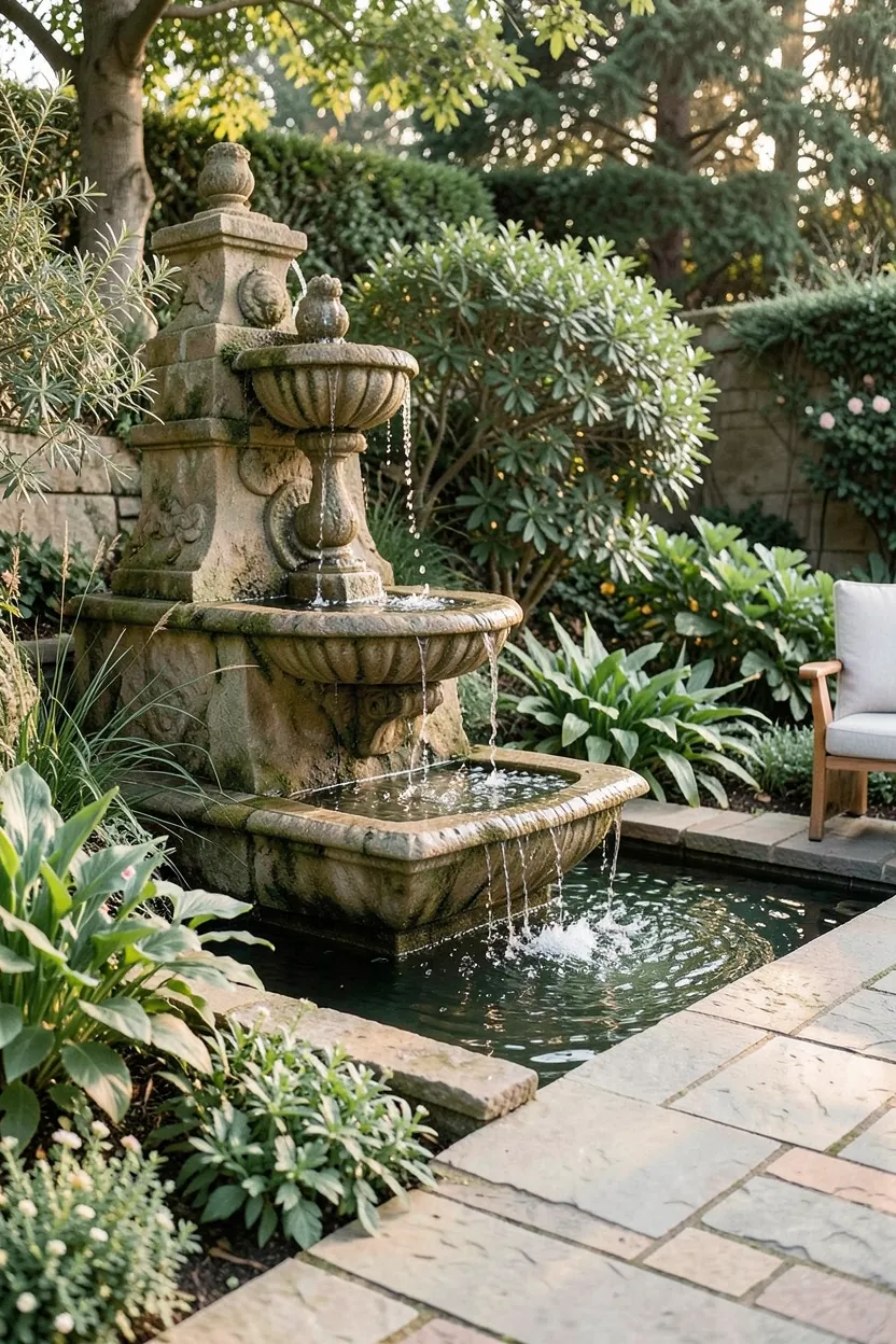 Stone Patio with Water Feature