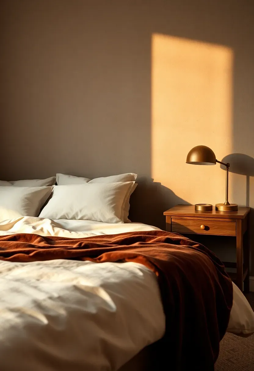 bedroom in mushroom and mocha color palette with taupe walls chocolate brown throw and cream bedding