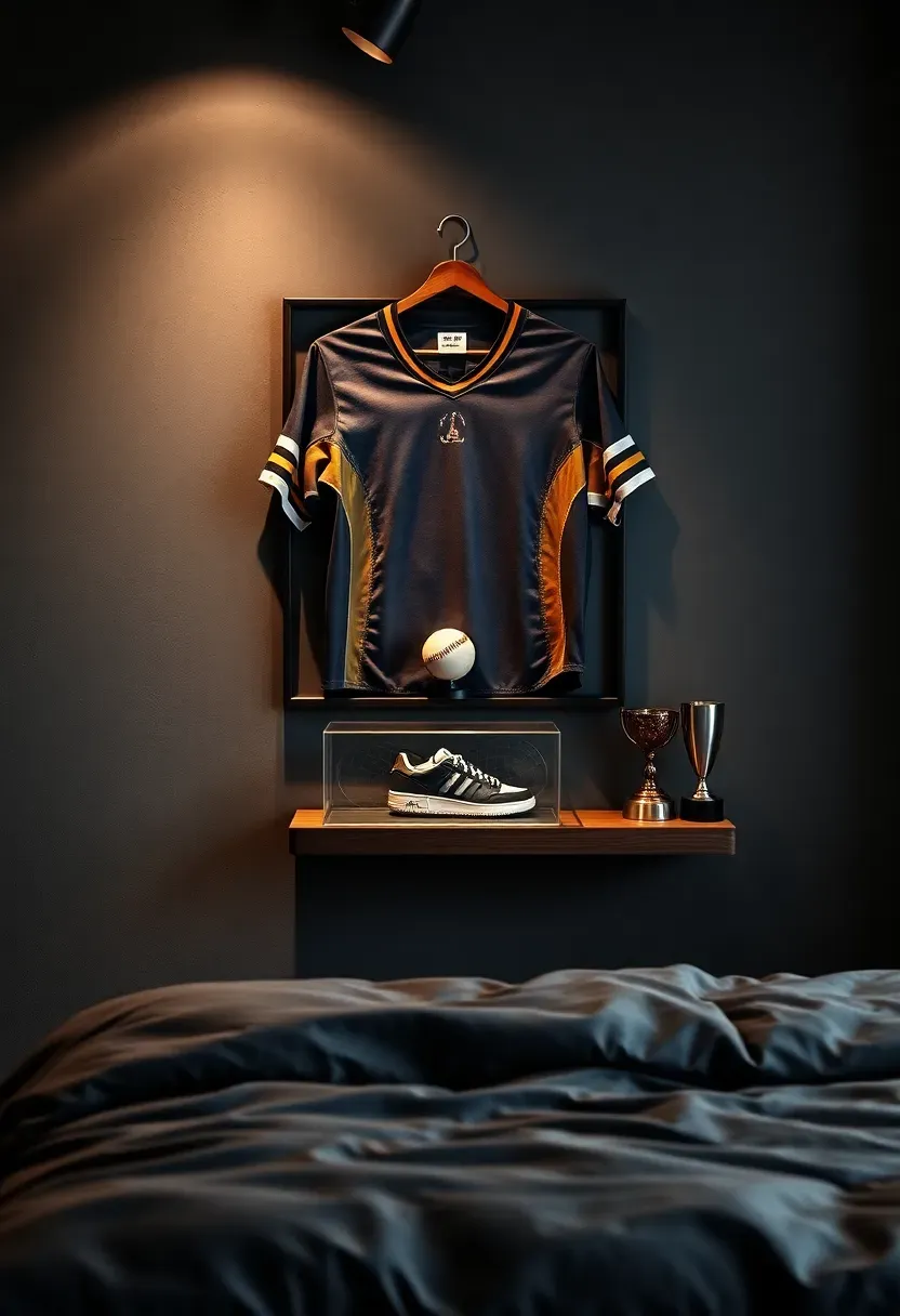 sports themed masculine bedroom with framed jersey and trophy shelf