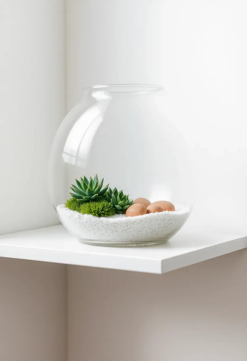 miniature glass terrarium with tiny succulents moss and decorative stones on a white shelf