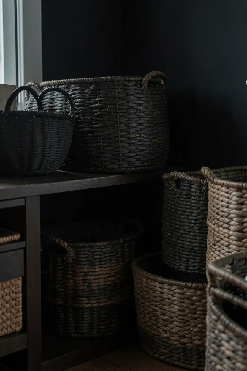 Dark boho bedroom floor with large natural jute rug as base layer and smaller vintage Persian rug layered on top for eclectic texture